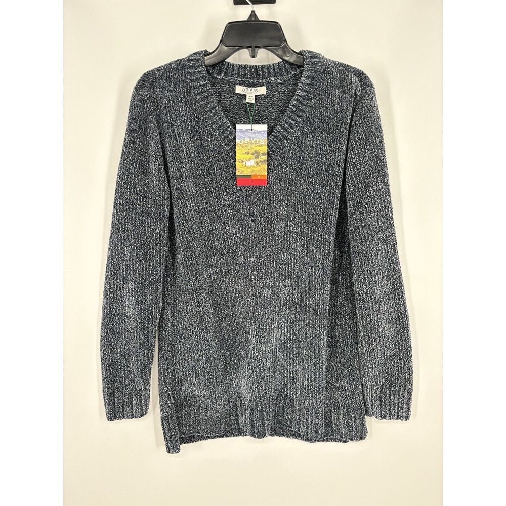 Orvis Chenille‎ Sweater Marbled Navy V Neck Tunic Pullover Long Sleeve Medium